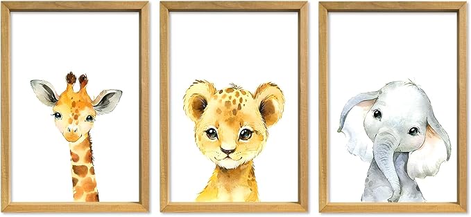 Nursery Decor Safari Baby Animal Giraffe Elephant Lion 3Pc 11x16 Wood Frame | Cute Prints Sign Wall Art for Children's Room