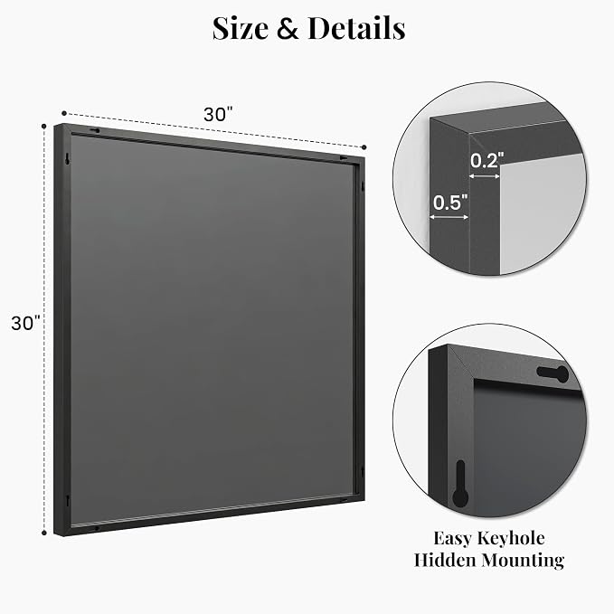 30"x30" Matte Black Framed Square Bathroom Vanity Wall Mirror | Accent Wall Mirror, Square Geometric Look, Slim Metal Frame, Living Room, Entryway, Keyhole Mount, Tempered Glass