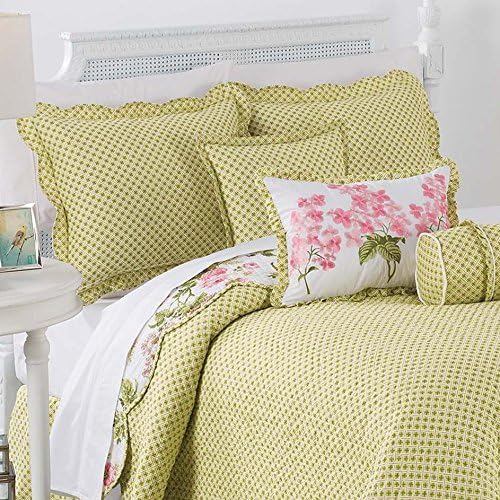 Waverly Emma’s Garden 4-Piece Quilt Set – King - Blossom Floral Print - 100% Cotton with Scalloped Edge & Striped Bed Skirt