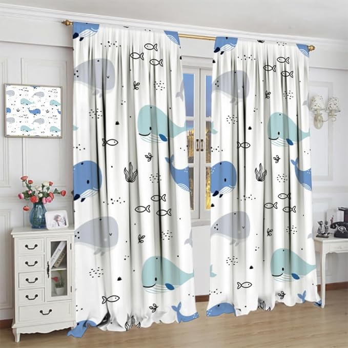 YCness Cartoon Whale Curtains Cute Ocean Animal Blue Gray Abstract Fish Art Printed Blackout Window Drapes for Boys Girls Bedroom Nursery Decor Fabric Set 2 Panel 42x45 Inch 80% Shading Rate