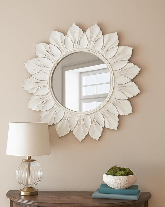 Sunflower Sunburst Wall Mirror, 26" Distressed White Wooden Frame, Handcrafted Petal Floral Design, Vintage Farmhouse Style Mirror for Wall Decor for Living Room, Bedroom, Bathroom, Vanity