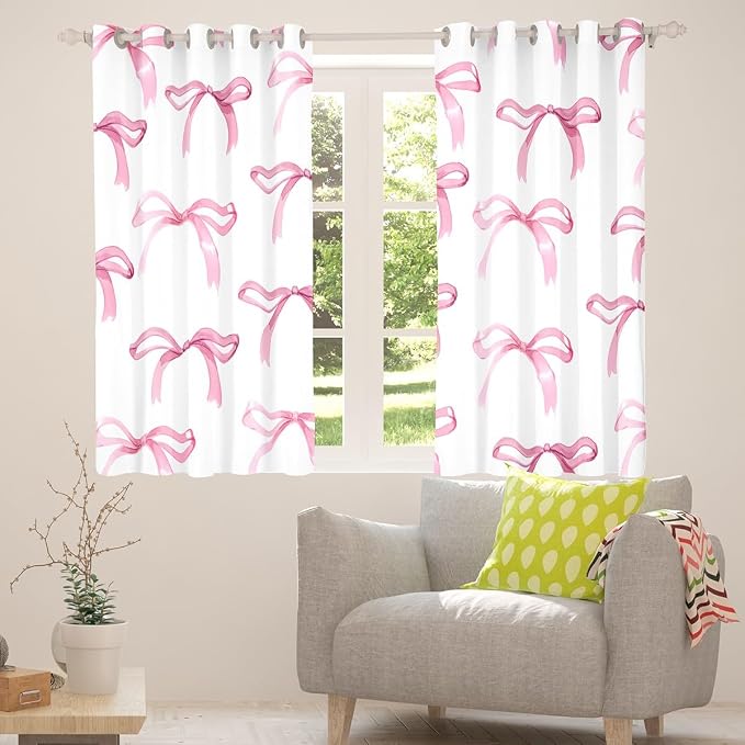 Feelyou Bow Room Darkening Blackout Curtain Boys Girls (2 Panels, 42 x 63 Inch) Cute Bowknot Curtains for Bedroom Living Room Pink Girls Bow Blackout Curtains Kawaii Bow Window Treatments