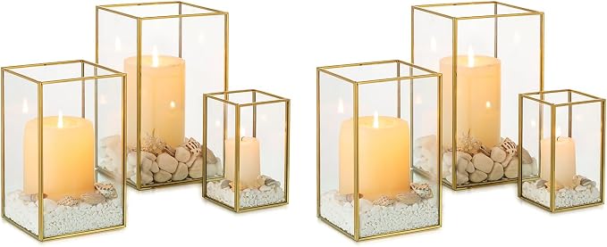 NUPTIO Hurricane Candle Holder Centerpieces: 6 Pcs Decorative Glass Candles Lantern with Gold Metal Frame Modern Pillar Candle Holders for Wedding Thanksgiving Anniversary Decor 8.1 & 6.5 & 4.7 inch | Gold Lantern with Metal Frame Modern Pillar Candle ...