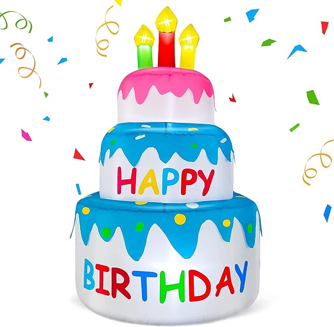 4 Ft Inflatable Happy Birthday Cake Decorations Outdoor Lighted Blow Up Holiday Birthday Party Decor with Candles 6 LED Lights for Indoor Home Celebration Garden Lawn Yard Prop Sign