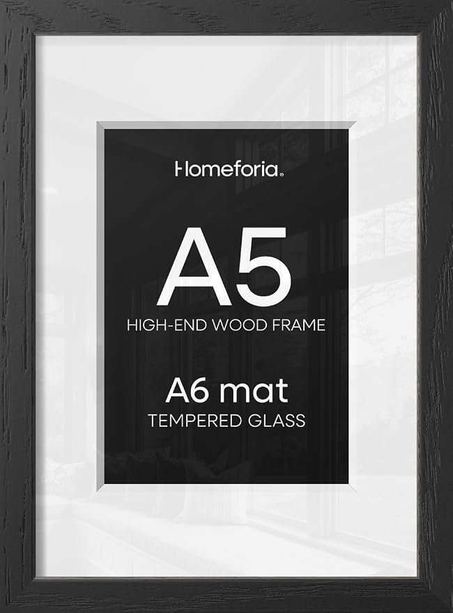 Homeforia A5 Picture Frame Black Wood, High-End Oak 5.8x8.3 Frame Matted to 4.1x5.8 inch Photo, A5 Size Walnut Wooden Frames with Mat A6 for Print, 5.8 by 8.3 Frame, Tempered Glass, Wall Kit, Set of 1
