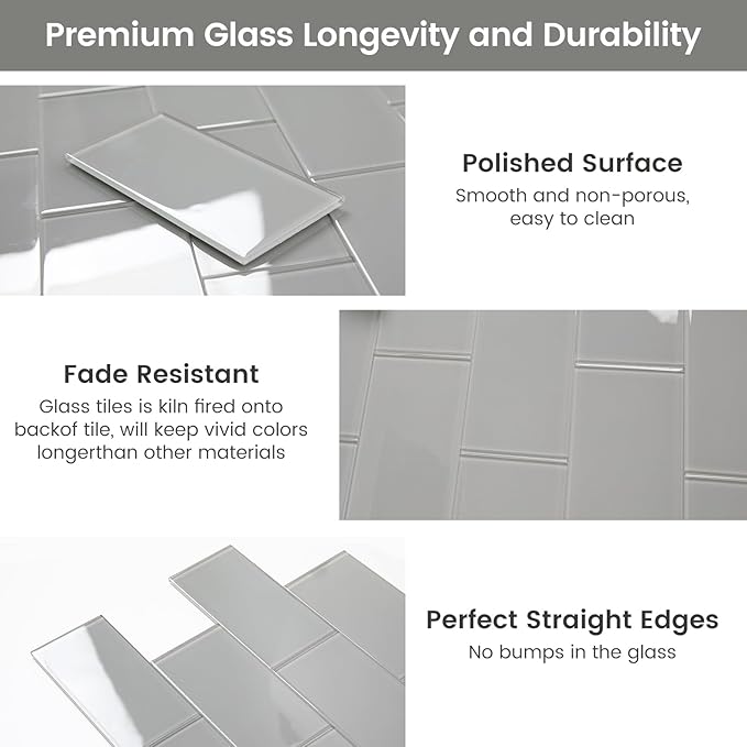 Glass Subway Tile 3 x 6 Inch Light Grey Glass Tile for Kitchen Backsplash Bathroom Wall Pack of 40 Sheets