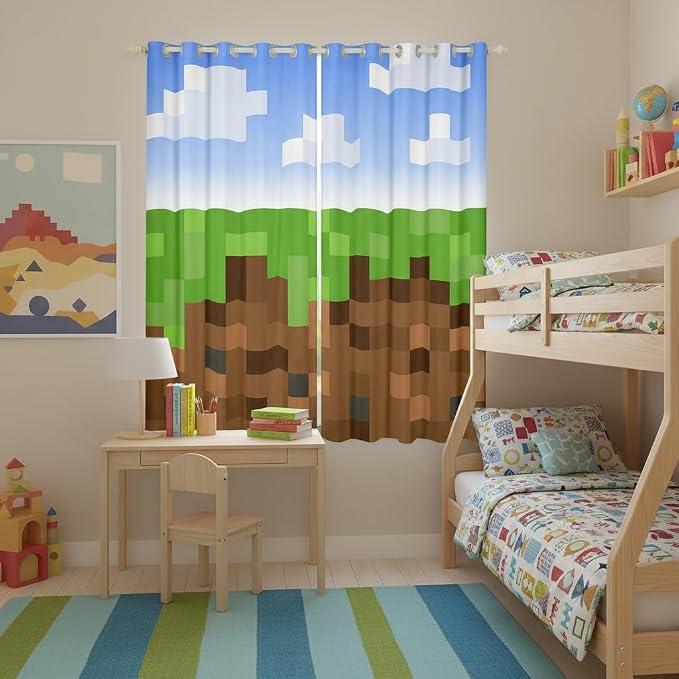 Castle Fairy Pixel Grid Miners Window Curtain | Pixelated Games Window Drapes for Adult Bedroom Decor,Geometric Grid Blackout Curtains Brown Green Army Camo Living Room Top 2 Panels,52Wx84L