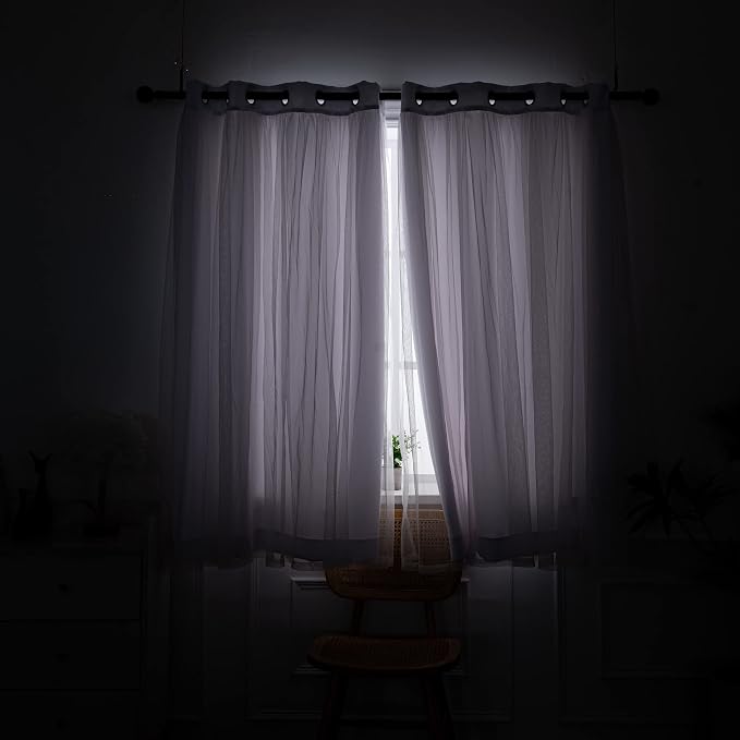 INLINAS Greyish White Blackout Curtains with Sheer Overlay - Grommet Top Thermal and Noise Reduction Panels for Bedroom and Living Room Light Blocking and Energy Saving, 52 x 96 Inches, Set of 2