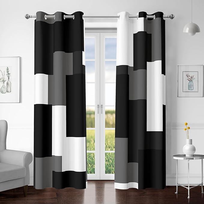 Tyrot Black Grey 100% Blackout Curtains for Bedroom 84 inch Length 2 Panels Set White Grey Modern Abstract Geometric Black Out Curtains Insulated Room Darkening Window Drapes for Living Room, 42Wx84L