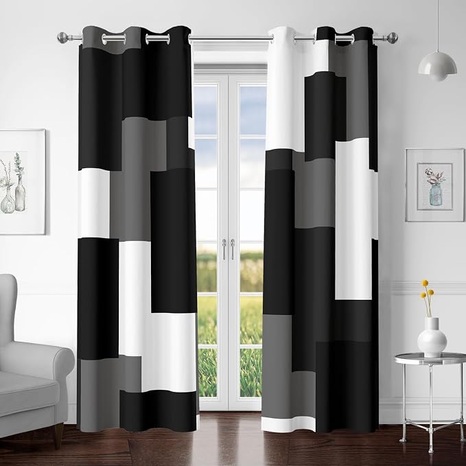Tyrot Black Grey 100% Blackout Curtains for Bedroom 72 inch Length 2 Panels Set White Grey Modern Abstract Geometric Black Out Curtains Insulated Room Darkening Window Drapes for Living Room, 42Wx72L