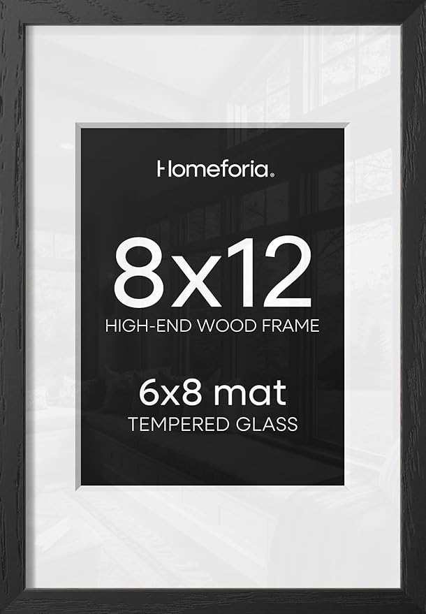 Homeforia 8x12 Black Picture Frame, High End Oak 8 x 12 Wood Frames with Mat 6 by 8 Print, 8by12 Wooden Frame Matted to 6x8 inch Photo, 12x8 Wall or Tabletop Frames, Tempered Glass, Wall Kit, Set of 1