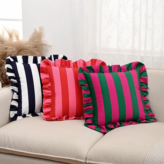 vctops Ruffle Square Throw Pillow Covers Boho Pink and Red Striped Decorative Pillowcases Set of 2, Soft Velvet Accent Cushion Cover Cases for Sofa Bed Living Room Decor (Pink,18"x18")
