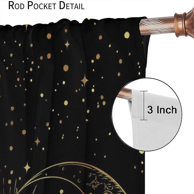 Sun and Moon Blackout Windows Curtains, Golden Planet Star Mysterious Galaxy Curtains Space Curtains, for Living Room Bedroom 55x63in 2 Panels