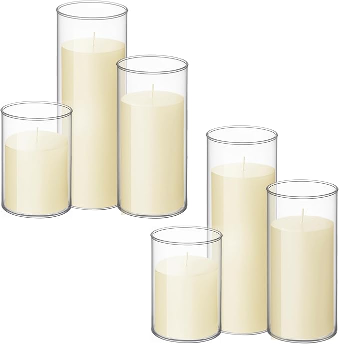 Shihanee Set of 6 Pillar Candles with Glass Cylinder Vases Clear Cylinder Hurricane Candleholders for Slim Tall Pillar Candles Wedding Table Centerpieces(3'' X 5.9", 7.9", 9.8",Ivory)