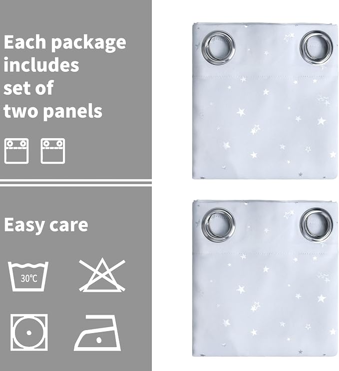 BGment Kids Room Curtains for Bedroom - Grommet Thermal Insulated Silver Star Print Room Darkening Curtains for Living Room, Set of 2 Panels, 38 x 45 Inch, Greyish White
