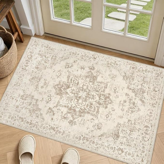 Machine Washable Area Rugs 2x3: Vintage Boho Neutral Washable Rug Indoor Soft Small Entryway Throw Carpet for Living Room Bedroom Kitchen Laundry Floor Non-Slip Low Pile Entrance Rug Beige/Ivory