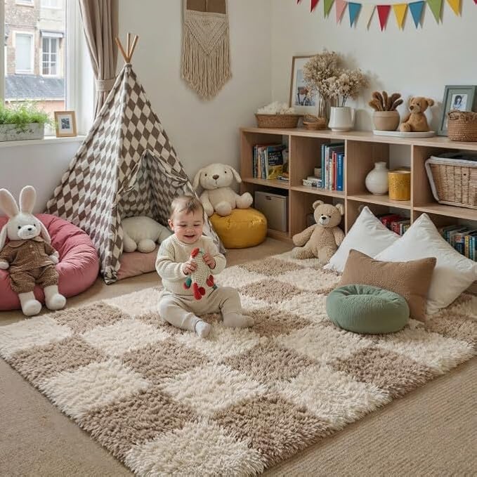 PureCozy Beige 4x6 Area Rugs for Kids Room Soft Shag Checkered Rug Modern Washable Indoor Office Fuzzy Carpet Non-Slip Fluffy Rugs for Bedroom Nursery Dorm Playroom Home Aesthetic Decor
