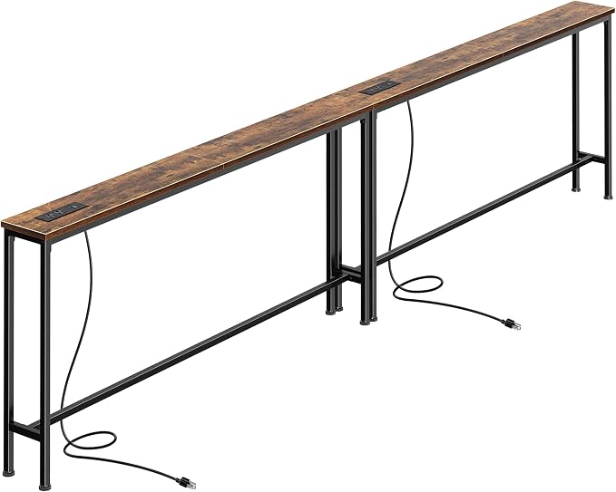 SUPERJARE 110.2 Inch Sofa Table with Power Outlets and USB-C Ports, 5.9 Inch Narrow Console Tables, Entryway Hallway Couch Tables with Storage, Behind Sofa, Living Room, Rustic Brown, AST046Z