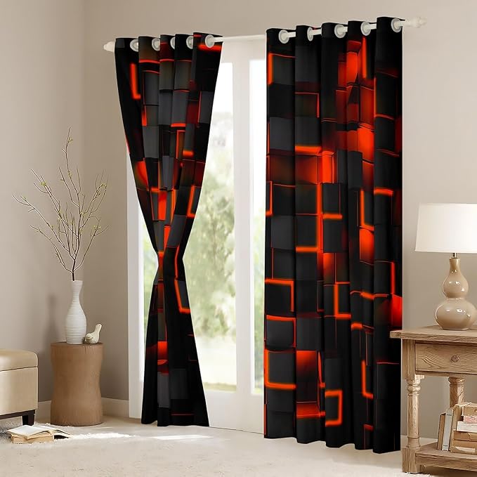 Feelyou Orange and Black Darkening Drapes (2 Panels, 52 x 63 Inch) Light Geometric Curtains for Bedroom Living Room Girls Decor Blackout Curtains Modern Style Window Treatments