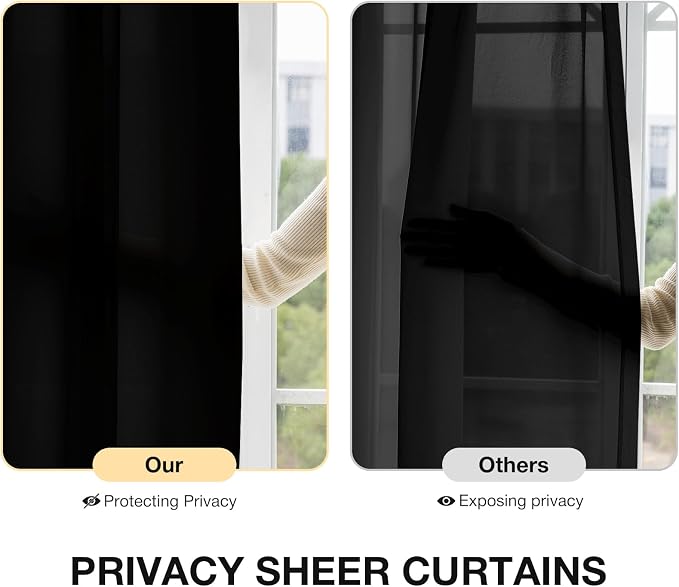 Anmao Non-See-Through Black Privacy Curtains for Living Room 54 Inch Length 2 Panels Set, Semi Sheer Light Filtering Window Curtains Drapes for Bedroom, 52 Inch Wide Each Panel