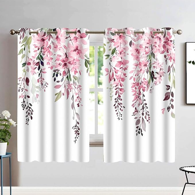 Pink Watercolor Floral Curtains, 52x63 inch, 2 Panels | Botanical Leaves Vine Flowers, Rustic Farmhouse Style, Blackout Window Treatment, For Bedroom Living Room