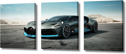 Gray Sports Car Canvas Wall Art for Living Room Home Decor Supercar Speed Car Poster Prints on Canvas Blue Sky Wall Decorations for Men Boys Bedroom Bathroom Office Framed Ready to Hang, 36" Wx16 H