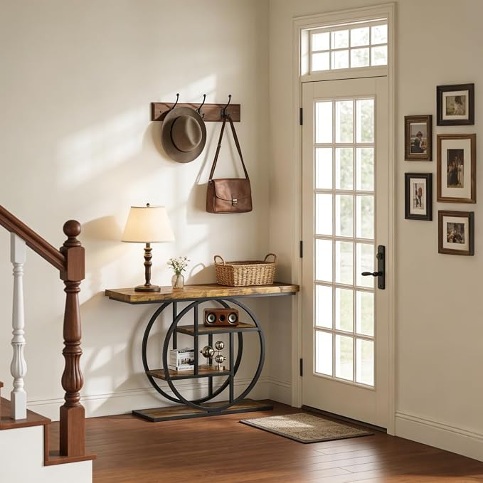 Entryway Table for Foyer,41.3 Inch Industrial Narrow Console Table,Accent Decor Living Room Furniture,Hallway & Sofa Table for Entrance,4-Tier Storage Shelves,Metal Frame,Thick Wood Top