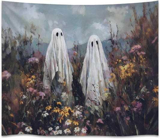 Halloween Ghosts in Wildflowers Tapestry Wall Hanging Spooky Cute Ghost Floral Tapestries Victoria Moody Artwork Aesthetic Print for Goth Living Room Bedroom wall Decor 30x40inch