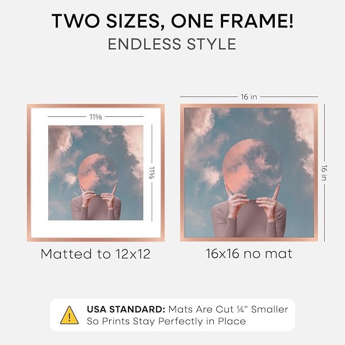 Homeforia 16x16 Picture Frame Rose Gold, High End Metal 16 x 16 Square Poster Frame with Mat 12 x 12 Photo, 16x16 Frame Matted to 12x12 Print, 16by16 Hanging Frames, Tempered Glass, Wall Kit, Set of 1