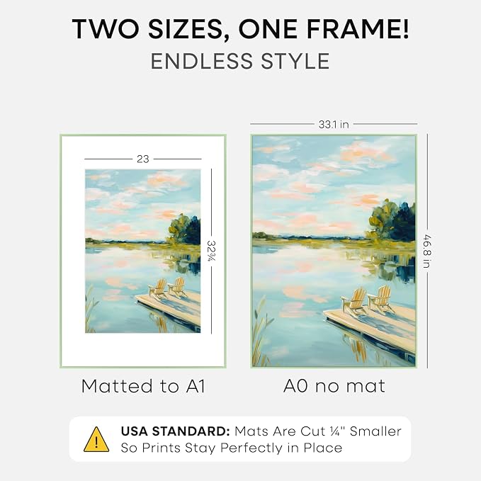 Homeforia A0 Poster Frame Sage Green, High End Metal A0 Large Picture Frames with Mat A1 Photo, 33.1 x 46.8 Frames Matted to 23.4 x 33.1 Print, 33.1x46.8 Thin Frame, Tempered Glass, Wall Kit, Set of 1