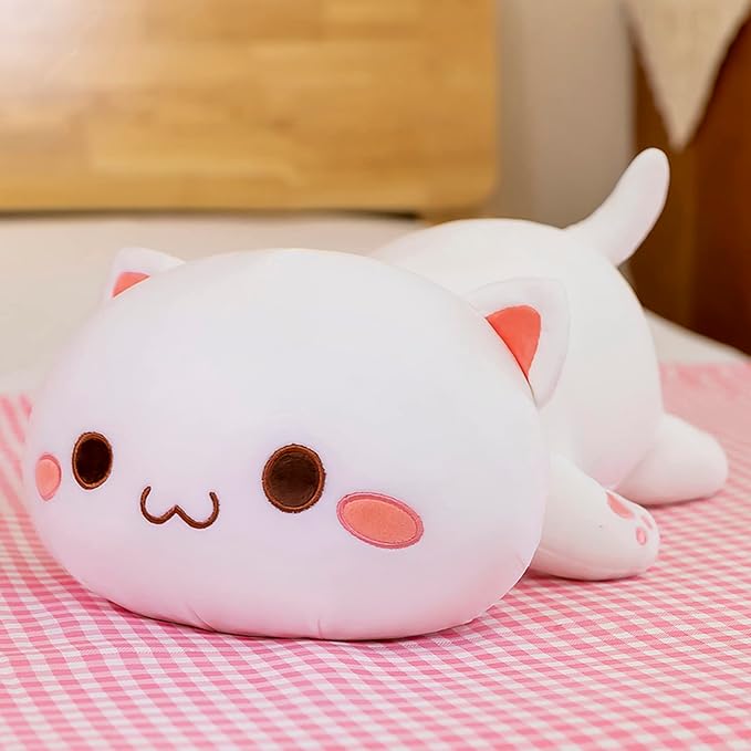 FUYU Cat Stuffed Animals, Soft Cat Plush Pillow Kawaii Kitten Stuffed Animal Toy Gifts for Kids Boys Girls Room Decor (White Round Eyes,27in/67cm)