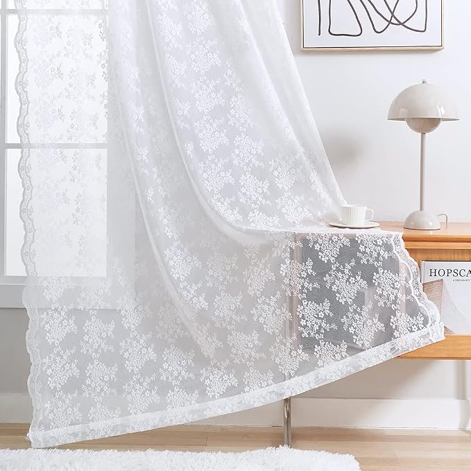 YJ YANJUN Vintage Lace Curtains 84 Inches Long 2 Panels-Victorian Floral Old World Style Cottage Shabby Chic White Sheer Curtains for Living Room Bedroom Rod Pocket Light Filtering 52 x 84 Inch