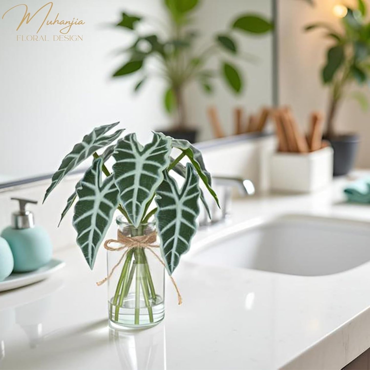 Artificial Flowers Turtle-Back, Alocasia Leaf, in Glass Vase with Faux Water,7Pcs Artificial Leaves Real Touch Latex Leaves for Centerpiece (1, Alocasia Leaf)