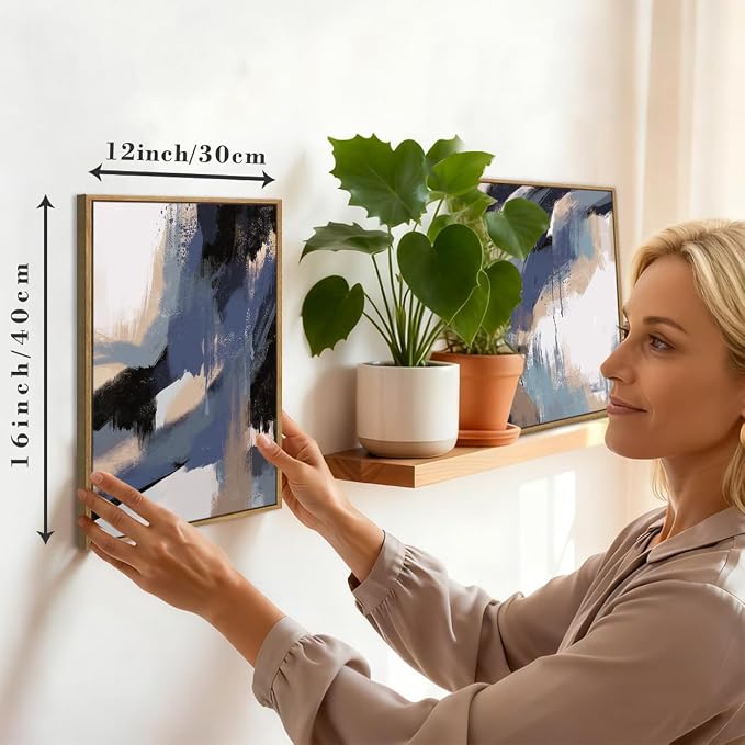 BINCUE Blue Neutral Wall Art Framed Modern Abstract Artwork Blue Abstract Wall Decor Modern Blue Wall Paintings Abstract Neutral Wall Pictures for Living Room Bedroom Office Bathroom 12" Lx16 W Set of 3