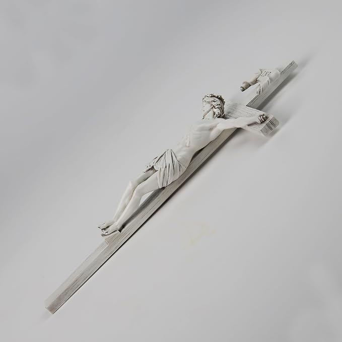 BC Catholic Crucifix Wall Cross, 10" H Jesus Christ Home Decor, Religious Gift, Wood Carved Look, Grey White Finish, Hand Painted by Buildclassic
