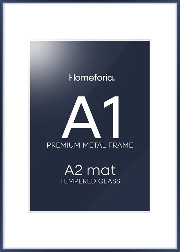 Homeforia A1 Poster Frame Navy Blue, High End Metal A1 Large Picture Frames with Mat A2 Photo, 23.4 x 33.1 Frames Matted to 16.5 x 23.4 Print, 23.4x33.1 Thin Frames, Tempered Glass, Wall Kit, Set of 2