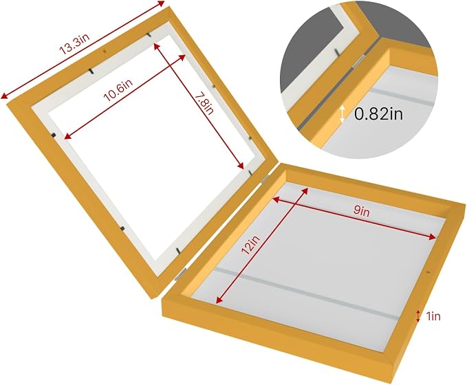 Kids Art Frames 9x12 Set of 2 - Front Opening Childrens Picture Frame Changeable, Wood Artwork Display Storage for Wall Mount, Magnetic Door Holds 50 Art Pieces for Drawings, 3D Picture, Crafts, Portfolio, Yellow