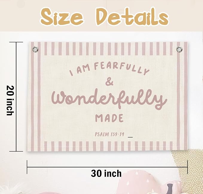 RTXLEZM Girls Room Decor,I Am Fearfully and Wonderfully Made Banner | Pink Christian Nursery Decor,Christian Canvas Banner Wall Hanging,Religious for Kids Room Classroom Bedroom Playroom, 20x30