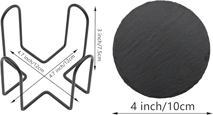 12 Pack Slate Drink Coasters with Metal Holder, VIBRATITE 4 Inch Black Slate Stone Coasters Bulk Laser Engraving Blanks with Anti-Scratch Bottom for Drink Coffee Bar Kitchen Home Decor, Round
