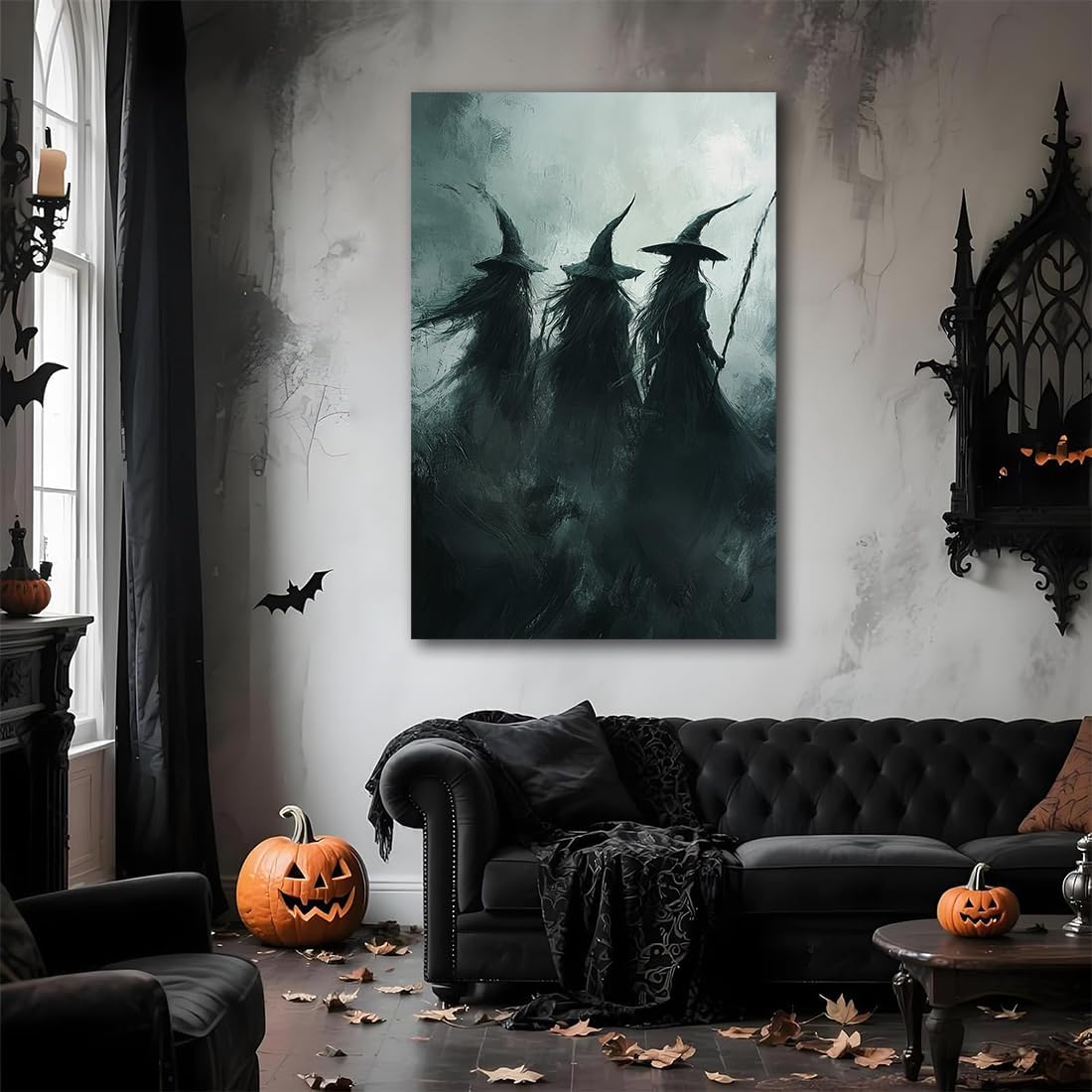 Gothic Witchs Horror Halloween Wall Art,Three Witches in Moody Forest Painting Wall Decor,Autumn Spooky Witches Forest Canvas Printing For Gallery Living Room Bedroom,20"x30" Unframed