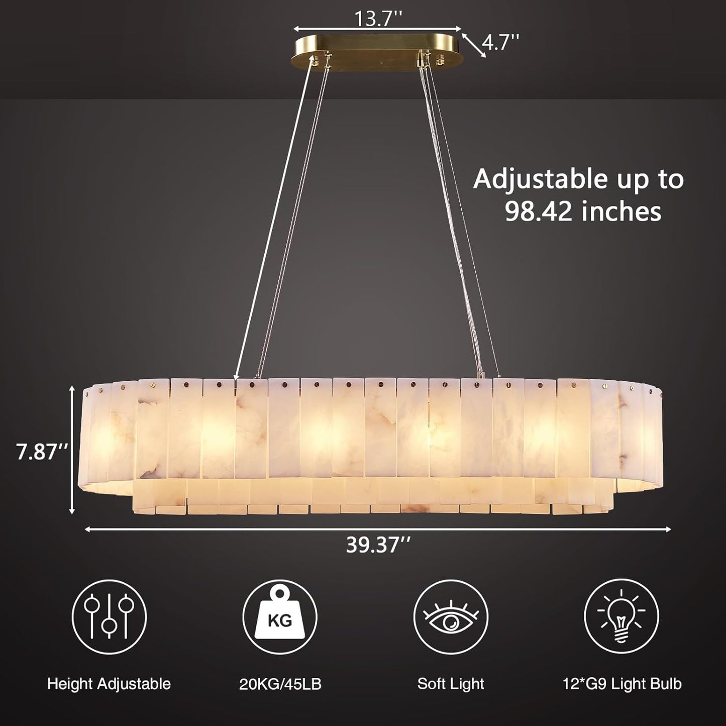 Alabaster Rectangular Chandelier for Dining Room, L39in Modern Chandeliers, Adjustable Marble Pendant Light Fixture, Rectangle Chandelier for Dining Table Living Room Kitchen Island (Bulbs INCL)