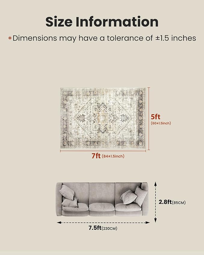 AMADA HOMEFURNISHING 5x7 Washable Area Rug, Low-Profile Living Room Rug with Non-Slip Backing & Durable Edge Binding, Large Area Rug, Vintage Rugs for Living Room, Bedroom, Dinning Room