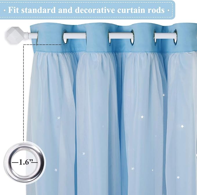 NICETOWN Kids Boys Blackout Curtains, Double-Deck Sheer Panel & Star Drapes for Living Room, Window Treatments with Tie Backs (Blue, 1 Pair, W52 x L95)