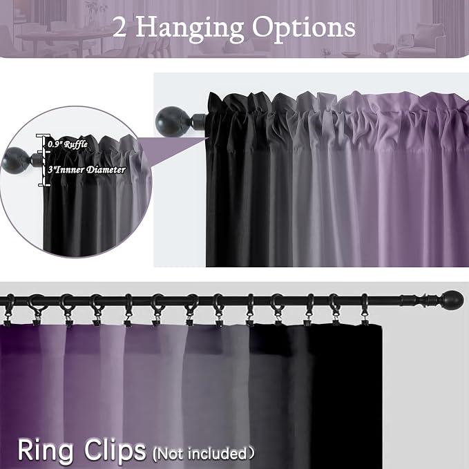 Purple and Black Curtains for Living Room 84 Inch Length Ombre Curtains 2 Panel Bedroom Black and Purple Curtains Rod Pocket Light Filtering Window Curtain Modern Gradient Drapes