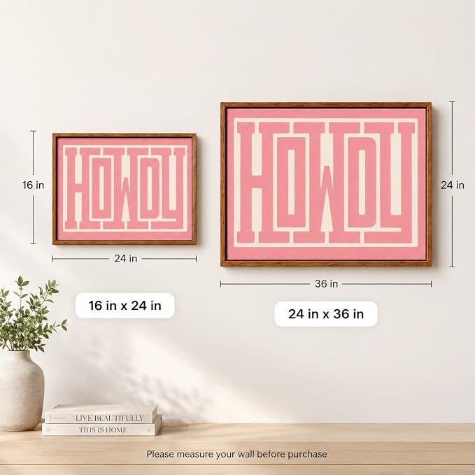 QIYFFBN Framed Pink Howdy Wall Art Western Cowgirl Picture Decor 16x24in | Cream Preppy Canvas Painting,Retro Southwestern Country Prints,Farmhouse Living Room Bedroom For Teen Girls Wall Decor