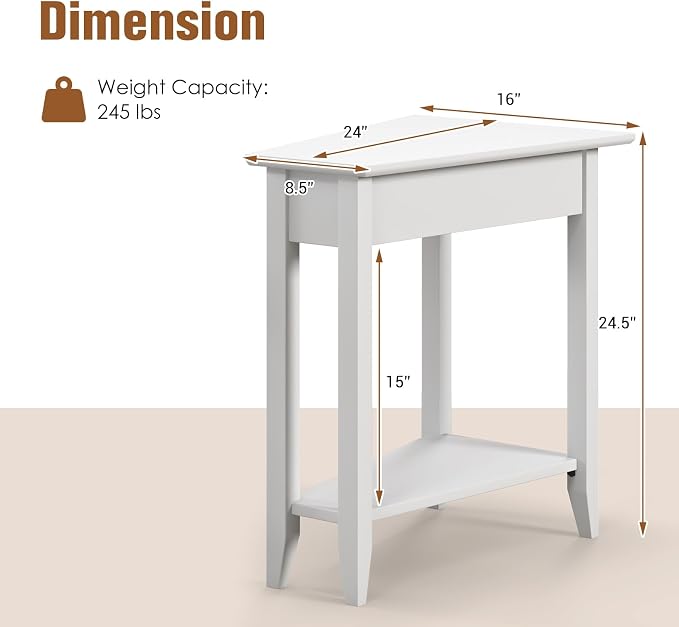Giantex White Wedge End Table Set of 2, Triangle Side Table with Storage Shelf and Solid Wood Legs, Recliner Table, 24.5" Tall Nightstand, Modern Narrow Accent Table for Small Space Living Room