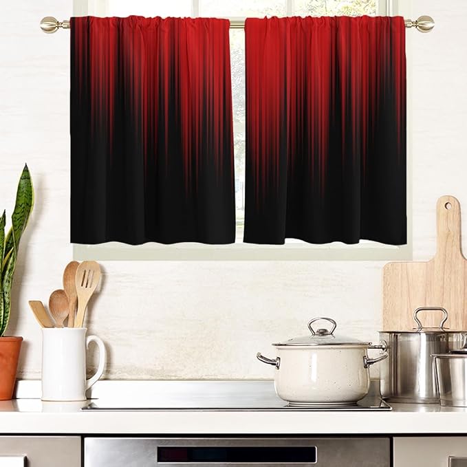 AAtter Red and Black Ombre Short Kitchen Curtains 27.5" W x 36" L, Gothic Dark Anime Tier Drapes for Small Windows, Rod Pocket Abstract Art Gradient Fabric, 2 Panels Set