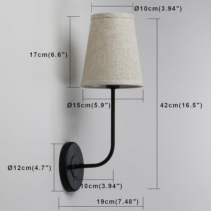 PERMO Classic Rustic Wall Sconce Light Fixture with Flared Funnel Linen Fabric Shade Nightstand Lamps for Living Room Bedrooms Bedside Reading (Black)