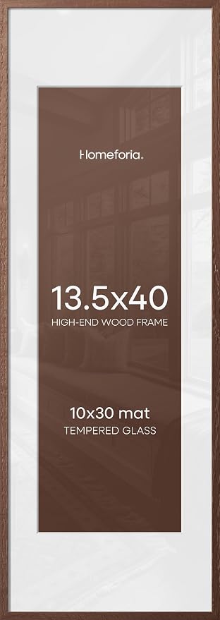 Homeforia 13.5x40 Picture Frame Brown, High End Dark Oak 13.5by40 Walnut Wood Poster Frame with Mat 10x30, 13.5 x 40 Panoramic Wooden Frames Matted to 10 x 30 Print, Tempered Glass, Wall Kit, Set of 2