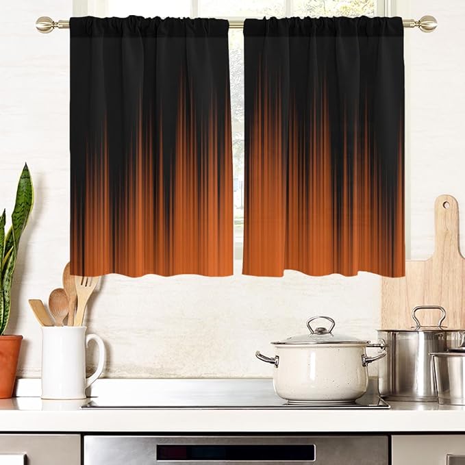 AAtter Orange and Black Kitchen Curtains, Ombre 27.5" W x 45" L, 2 Panels | Terracotta Modern Rod Pocket Drapes, Dark Abstract Striped Style, Trendy Anime Design, Small Short Bathroom Window Tiers